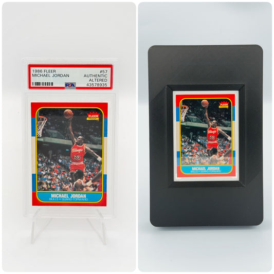 1986 Fleer Michael Jordan rookie card graded PSA Authentic before and after SlabGhost frame