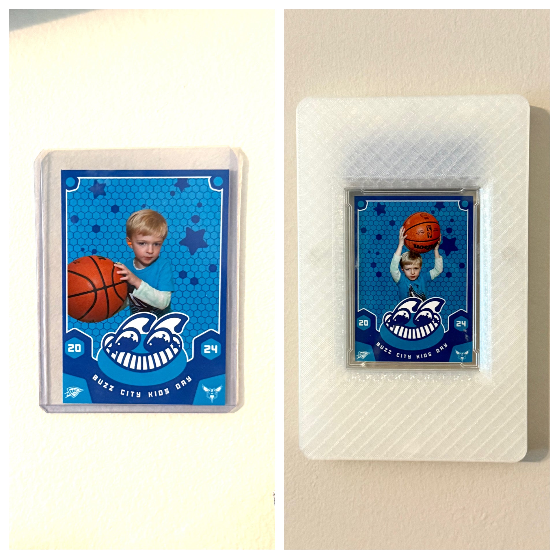 Before and after of a custom trading card featuring a child with a basketball. Before is in a top loader and taped to a wall; after is inside a SlabGhost RAW frame, translucent clear color.
